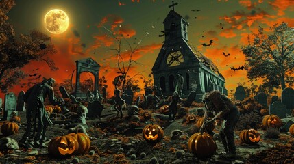 A Halloween night in a graveyard with a gathering of pumpkins and grotesque zombies, set under a sky tinged with burnt orange and a bright moon shining over a bizarrely reassembled church.