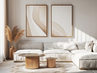 A chic and cozy living room with soft furnishings and abstract art as wallpapers making it an ideal background for a best-seller image