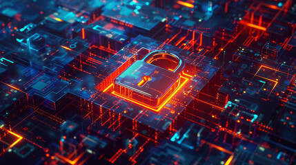 a cybersecurity background featuring a digital padlock in the center, surrounded by firewalls and en