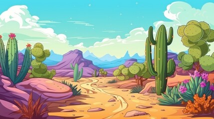 Cartoon desert landscape with road, cactuses, and mountains.  Ideal for games, animation, backgrounds, and children's illustrations.