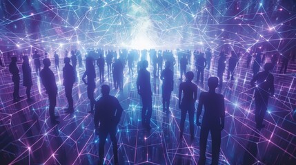 Wall Mural - Crowd of Silhouetted People in a Futuristic, Glowing, Digital Maze