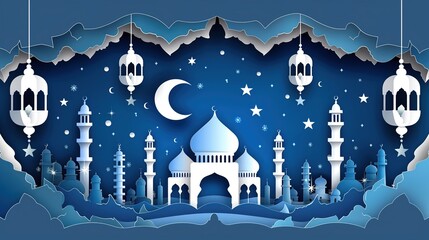 Sticker - Ramadhan kareem postcard. Layered paper cut out mosque frame with white lantern, star, crescent moon pattern on navy blue background