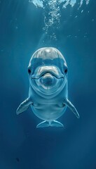 Wall Mural - A Beluga smiling at the camera, blue background, swimming in the deep sea mobile smartphone wallpaper lockscreen background