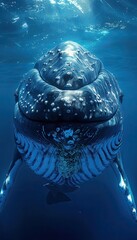 Wall Mural - Humpback whale smiling at the camera, blue background, swimming in the deep sea mobile smartphone wallpaper lockscreen background