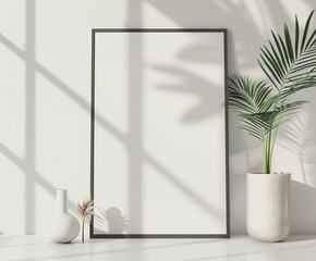 Wall Mural - This abstract background featuring a minimalistic frame and the subtle play of plant shadows is serene and could be a trendy best-seller wallpaper or illustration