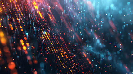 A dynamic digital background with a cascade of glowing binary code falling like rain. 