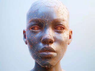 Canvas Print - As a unique abstract wallpaper, this illustration displays a digital human face with a glowing wireframe, depicting futuristic and AI concepts