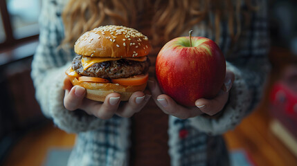 Wall Mural - One hand holding apple fruit, other holding hamburger. Healthy natural organic fresh vegetarian food vs unhealthy processed fast junk food meat. Overweight calories comparison