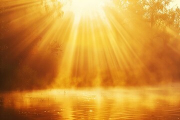 Poster - Sunbeam Rays Shining Through Trees and Reflecting on Calm Water