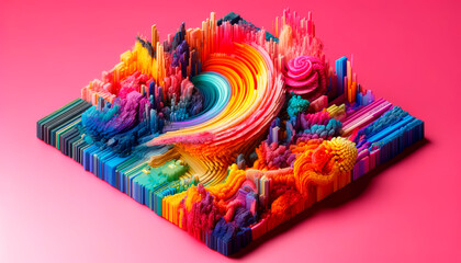 Wall Mural - Colorful abstract landscape on a pink background, depicting motion and vibrancy in a digital art style, representing creativity. Generative AI