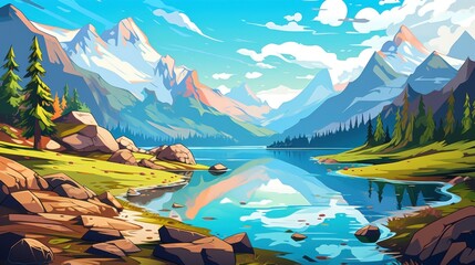Wall Mural - Stunning mountain landscape with serene lake, lush meadows, and snow-capped peaks. Vibrant illustration of nature, perfect for travel and adventure backgrounds.