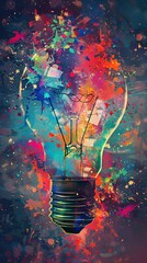 Wall Mural - Colorful light bulb with vibrant paint splashes representing creativity and ideas, abstract art concept