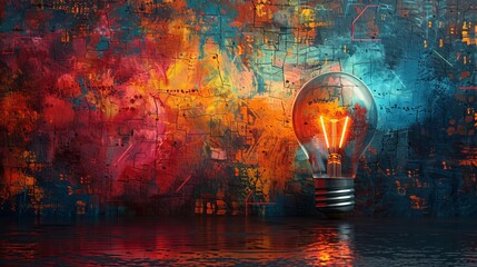 Wall Mural - Abstract colorful painting with illuminated light bulb, creativity concept