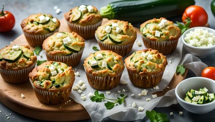 Wall Mural - Homemade zucchini muffins with feta cheese, savory courgette with ingredients
