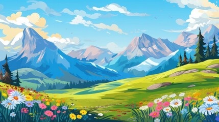 Wall Mural -  Idyllic Mountain Landscape with Wildflowers. Serene Nature Scene Illustration