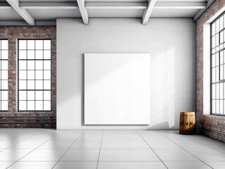 Wall Mural - A large, blank poster on a wall in a room with brick walls, large windows, and a graphic style with a light background, concept of branding presentation. Generative AI