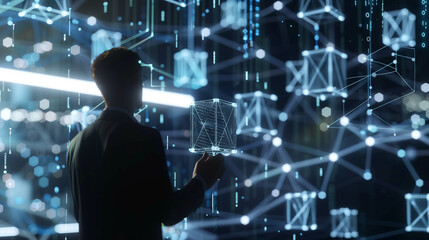 Wall Mural - Silhouette of a person holding a cube among glowing network connections