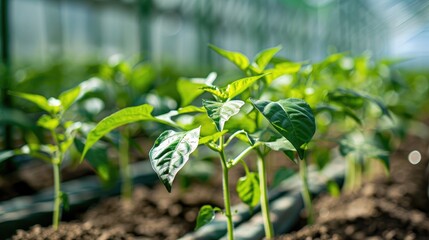 Wall Mural - Selective focus on pepper seedlings in greenhouse with empty space