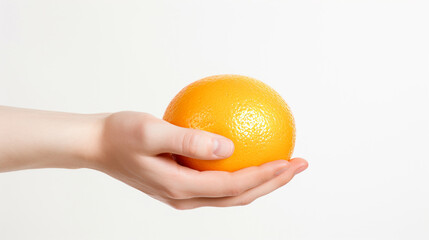 A hand holding an orange against a white background symbolizing freshness and healthy eating