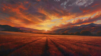 Wall Mural - Sunset over a rural highway with mountains and fields in the background