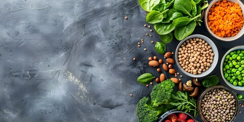 Wall Mural - Top view of fresh vegan food on grey background with copy space. Concept Food Photography, Vegan Cuisine, Top View Composition, Grey Background, Copy Space