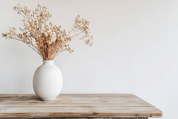 Sticker - A minimalist scene with a white vase holding dried flowers set against a plain background is an abstract, serene wallpaper illustration, potentially a best-seller