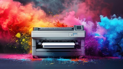 Professional Color Printer with Splashes for High-Quality Office Printing - Wide Banner with Copy Space