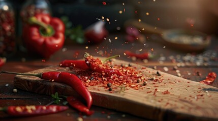 Poster - Spicy chili seeds on wooden board