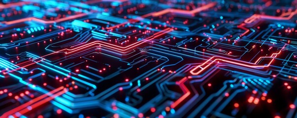 Wall Mural - Close-up of a modern electronic circuit board with neon lights and digital patterns