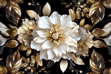 Wall Mural - Elegant White Flower with Gold Accents, Surrounded by Decorative Leaves and Gold Filigree