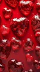 Sticker - Shiny Red Heart-Shaped Drops on a Glossy Surface