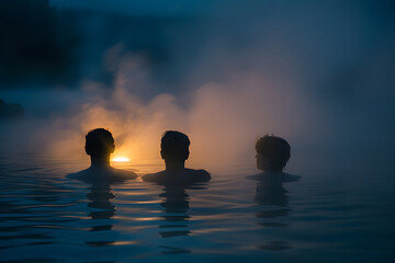 Three friends enjoy a relaxing soak in a hot spring at night