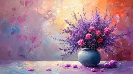 Wall Mural - A Still Life of Lavender and Pink Blooms in a Blue Vase. Generative AI