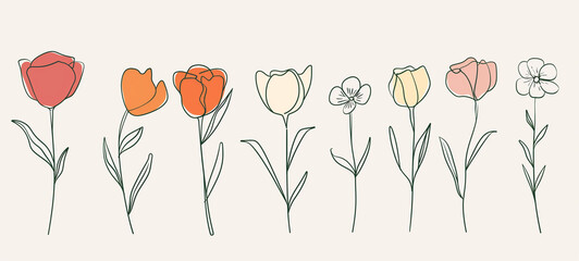 a row of seven simple, colorful flowers drawn in a minimalistic, continuous line art style