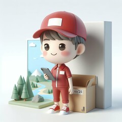 Happy delivery man with cardboard box .3d illustration.	