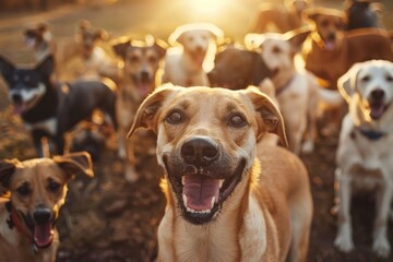 Wall Mural - Happy Pack of Dogs in a Field at Sunset