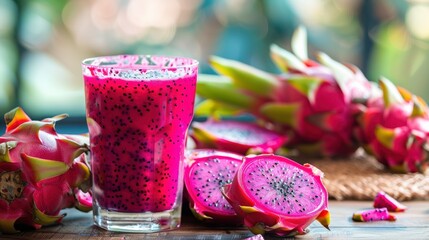 Wall Mural - A glass of vibrant dragon fruit juice with fresh dragon fruit pieces, showcasing the exotic and refreshing drink.