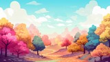 Whimsical cartoon landscape of colorful autumn trees, winding path, and clear blue sky. Ideal for children's book illustration, animated movie background, or fantasy concept art.