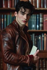 Poster - A young man in brown leather jacket holding a book.