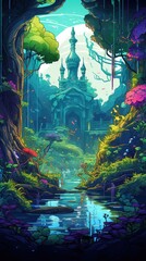 Wall Mural - Enchanted Forest Castle. Digital Art of a Mystical, Magical World