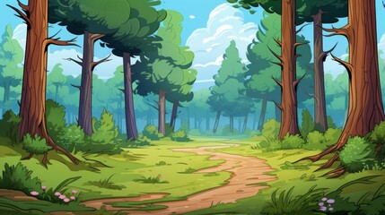 Wall Mural - Cartoon forest landscape with path, trees, and blue sky.  Concept of nature, outdoors, environment, and tranquility.