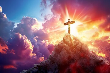 A crucifix stands atop a mountain as sunlight breaks through the clouds, creating an inspirational Christian scene. The image symbolizes faith, hope, and divine light