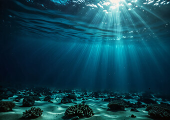 Poster - Dark blue ocean surface seen from underwater. Generative AI.	