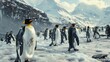 © Hailie - A large group of penguins is seen on a snow-covered landscape, depicting their social nature and the harsh, snowy environment they live in with distant mountains.