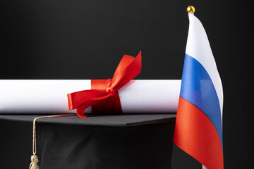 Wall Mural - Russian education and language learning, graduation cap with diploma and flag of Russia, international education and degree celebration