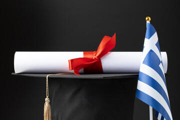 Greek education and language learning, graduation cap with diploma and flag of Greece, European university degree and celebration