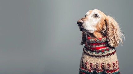 A photogenic dog with expressive eyes wearing a patterned sweater poses for a winter-inspired portrait, evoking feelings of warmth, coziness, and companionship in a stylish manner.