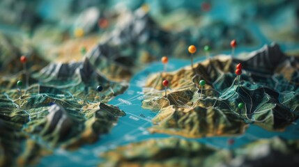 Detailed close-up of a relief map adorned with colorful pins marking different locations, showcasing the terrain and geographical features in a captivating manner.