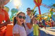 © nuttapong - A happy family smiles at the camera while enjoying a day at the amusement park.  The girl in the center is wearing sunglasses and is excited for the rides.