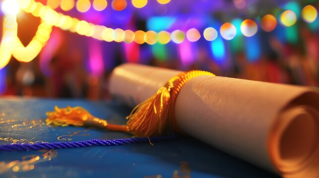 A rolled up diploma with a golden tassel lies on a table against a blurry background of a festive celebration.